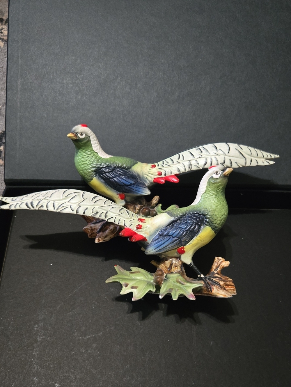 Green Decorative Bird Figurine Pair - Ceramic Pheasant Style Accent